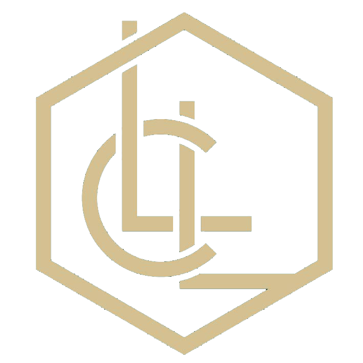 Logo design featuring a modern hexagonal shape with a stylized letter combination, primarily in gold and dark green colors, representing a brand identity.